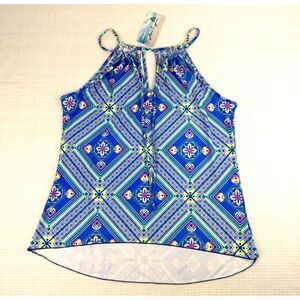 AvaLynn Halter Top String Tie Geometric Blue Pink Sz‎ S Travel Beach Coastal NWT